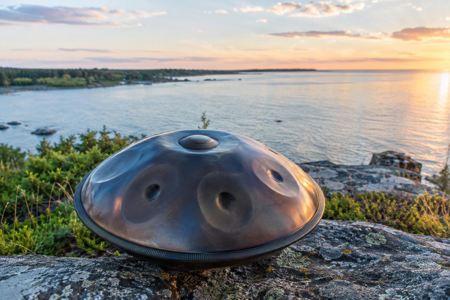Rental handpan on a rock above the Baltic Sea at sunset in Estonia